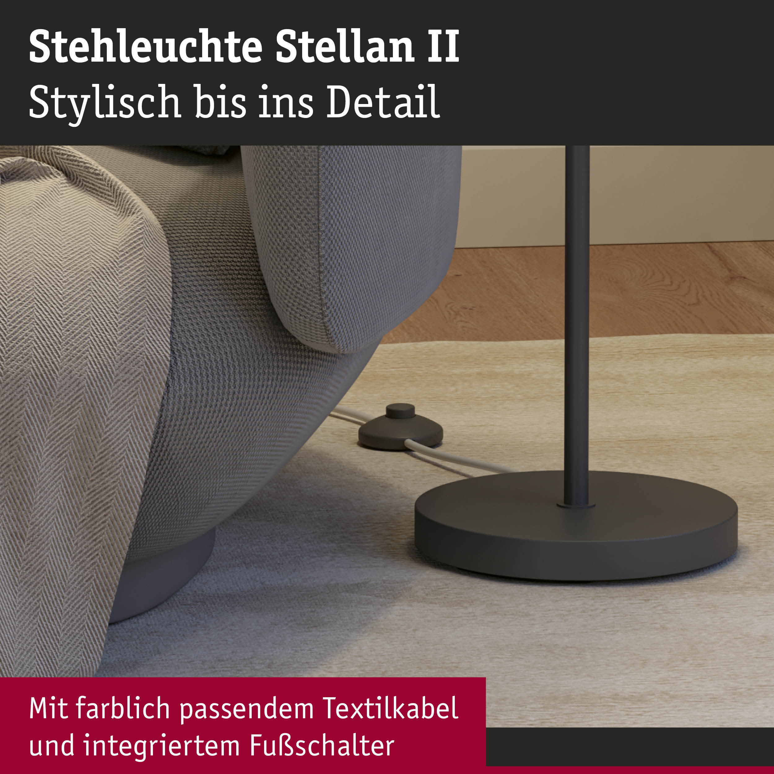 Stehleuchte Stellan II mit schwarzem Metallfuß und farblich passendem Textilkabel mit Fußschalter