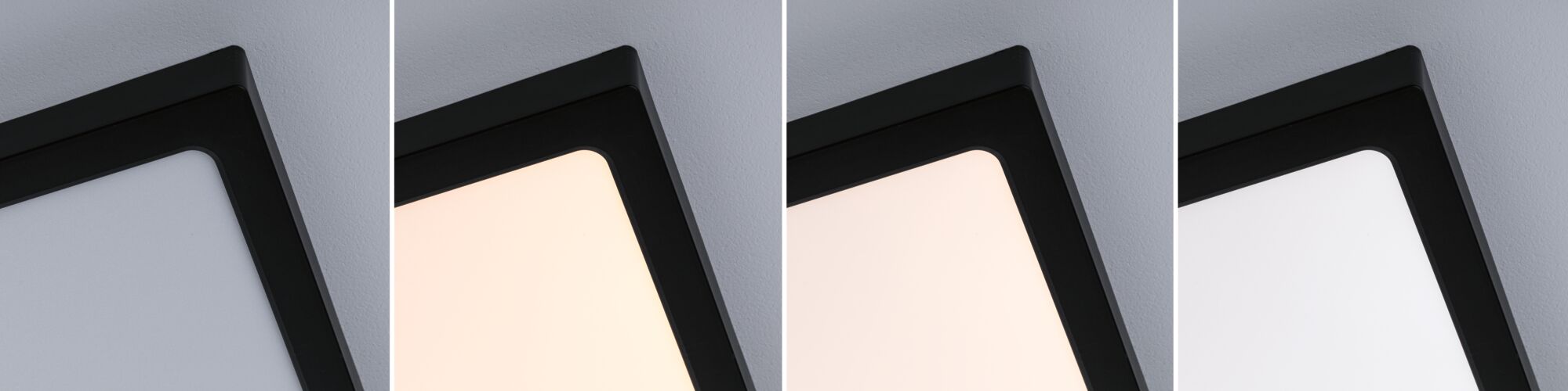 Vier Bilder einer schwarzen LED-Deckenleuchte mit einstellbarer Lichtfarbe von kalt bis warmweiß