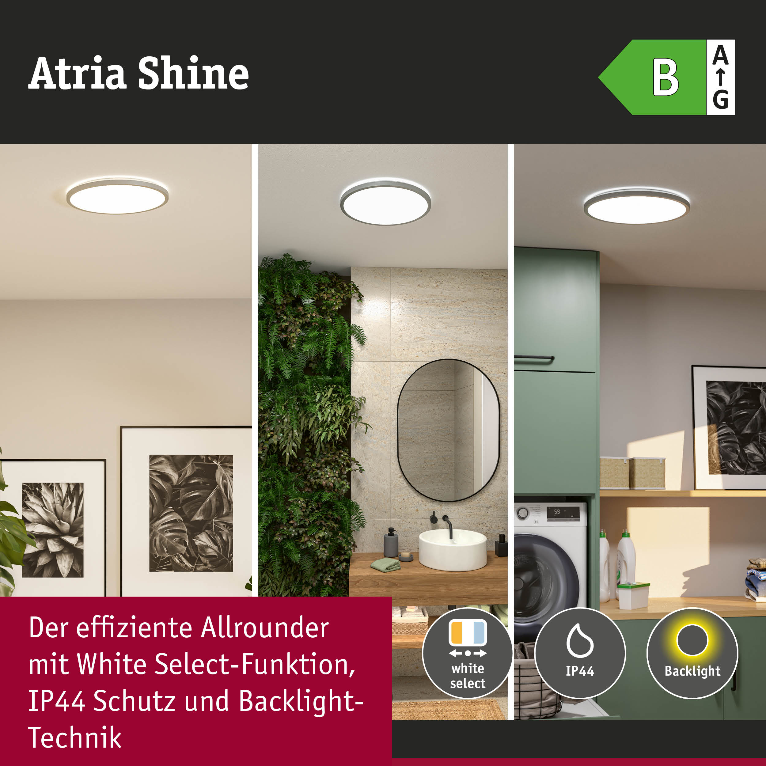 Atria Shine LED-Deckenleuchte mit weißem Rahmen, IP44 Schutz und Backlight-Technik für Wohnräume