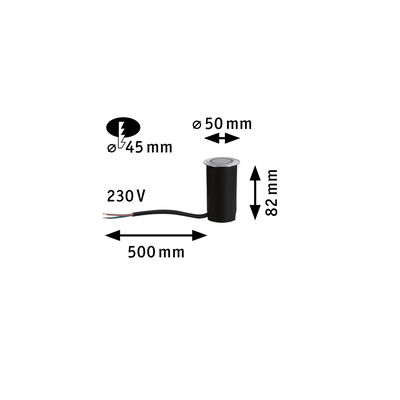 Zwarte inbouwspot met zilveren afdekking, 50 mm diameter, 82 mm hoogte, 230 V stroomkabel van 500 mm