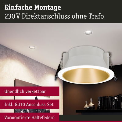 Weißer Einbaustrahler mit goldfarbenem Reflektor für 230V Direktanschluss ohne Trafo, LED Deckeneinbauleuchte