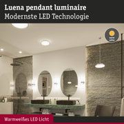 Luena pendant light with warm white LED in modern bathroom featuring green marble countertop