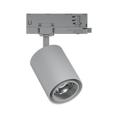 Moderner grauer LED-Spot aus Metall für Schienensysteme, ideal für Akzentbeleuchtung im Innenraum