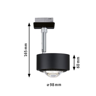 Black metal LED ceiling light with 98 mm diameter and 165 mm height for modern lighting solutions