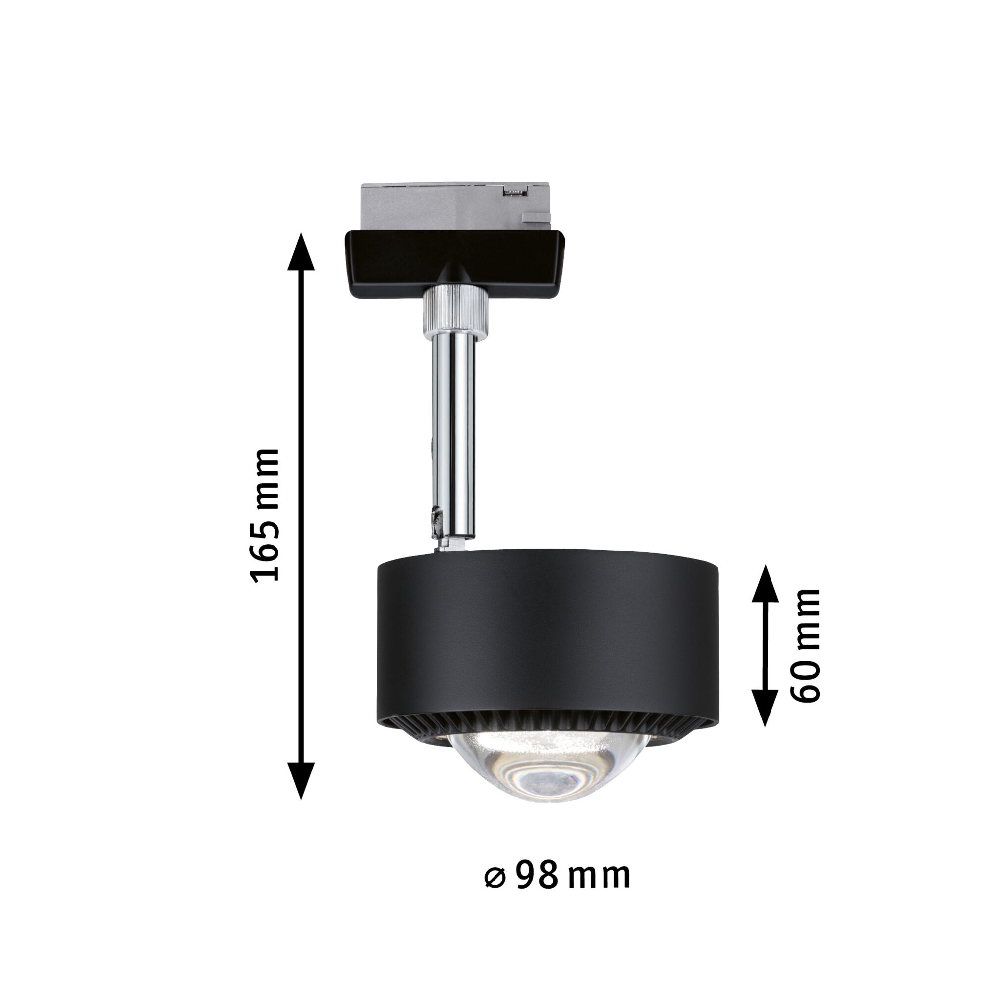 Schwarze LED-Spotleuchte aus Metall mit 165 mm Länge und 98 mm Durchmesser für moderne Beleuchtung
