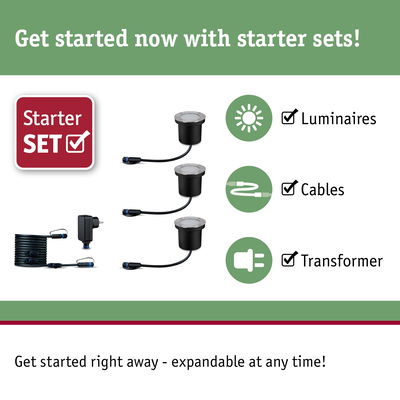 Starter set with black LED ground lights, cables, and transformer for garden lighting setup