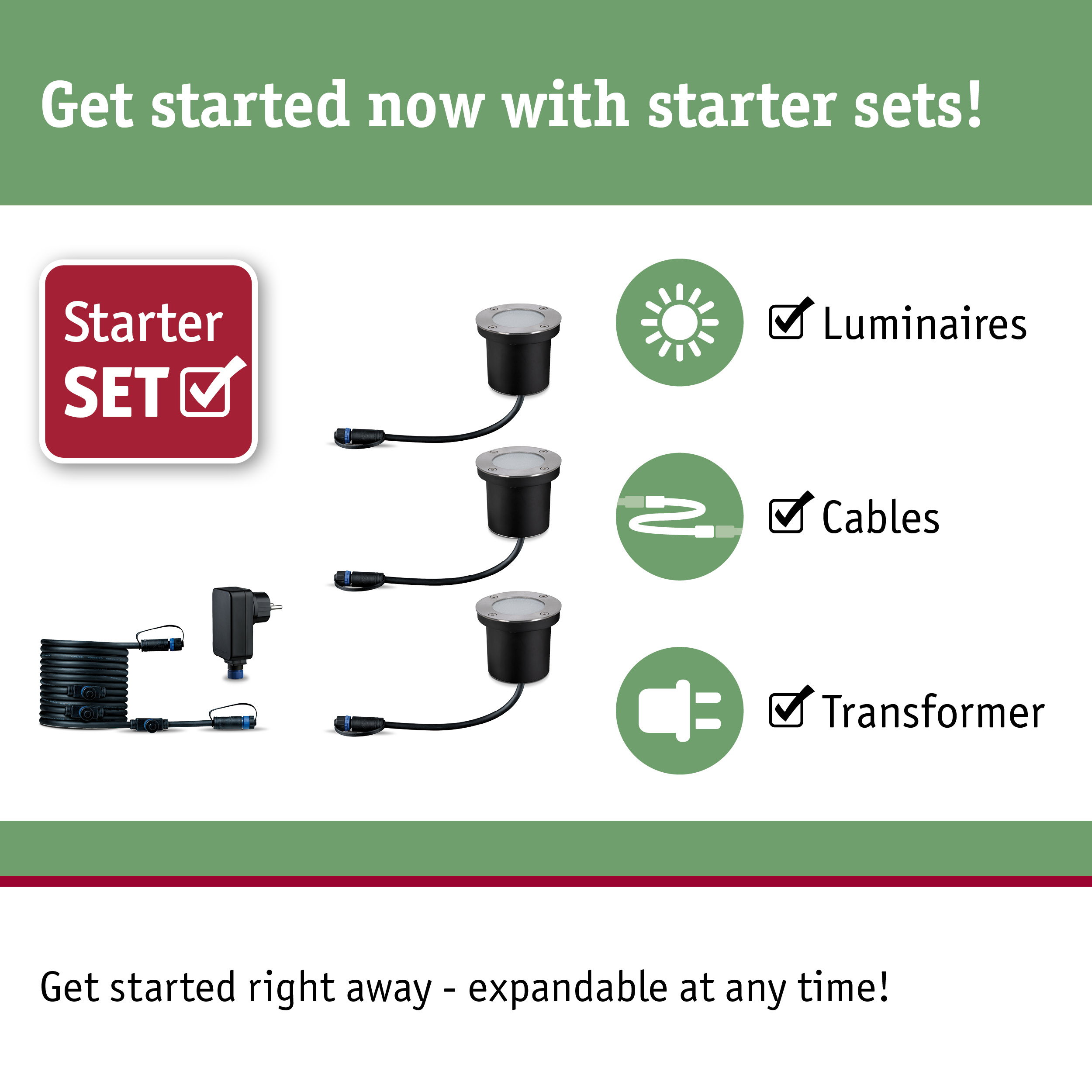 Starter set with black LED ground lights, cables, and transformer for garden lighting setup.