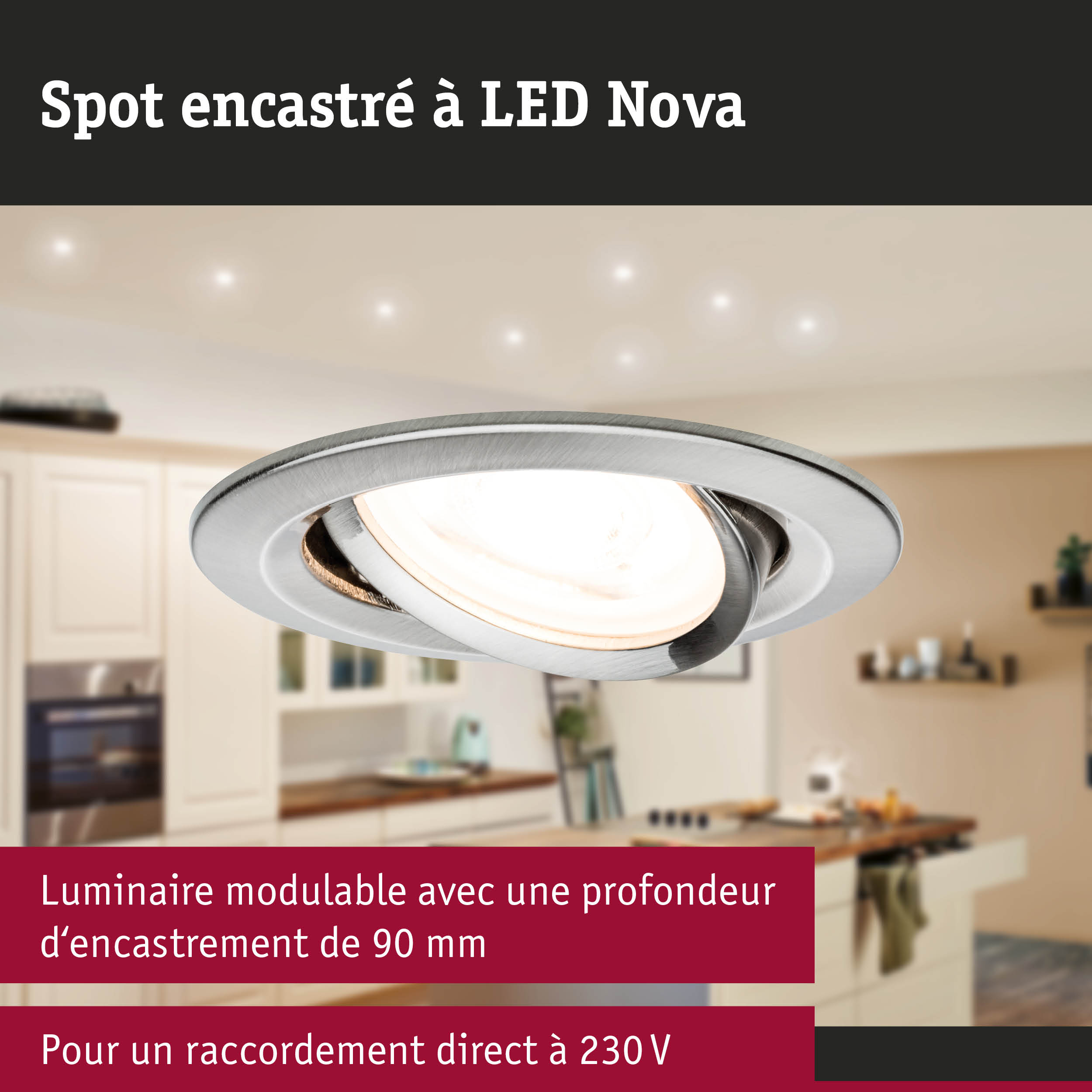 Spot encastré LED Nova en métal brossé argenté pour un éclairage intérieur moderne