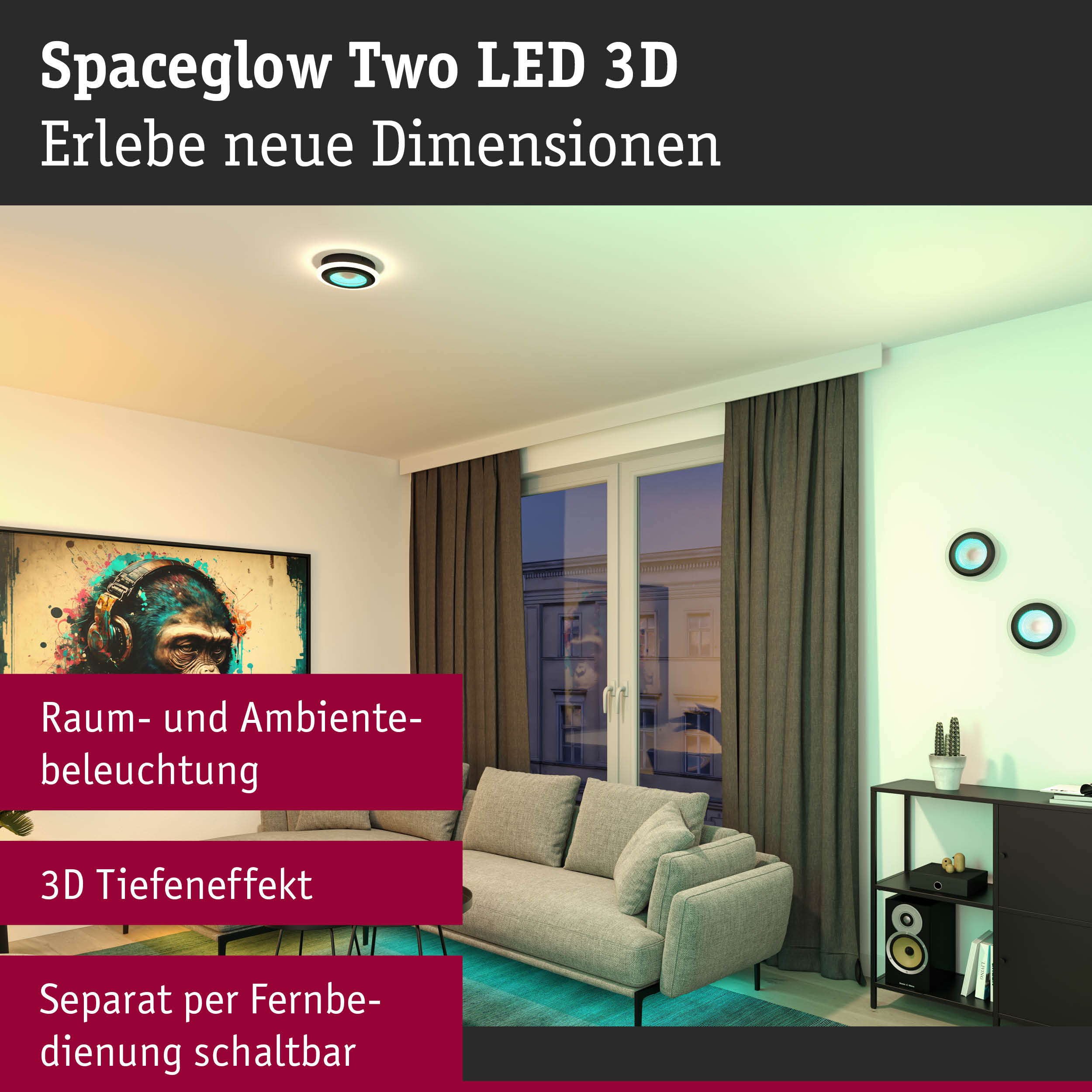 Spaceglow Two LED 3D Decken- und Wandlicht in Schwarz mit blauem Leuchteffekt für Raumbeleuchtung