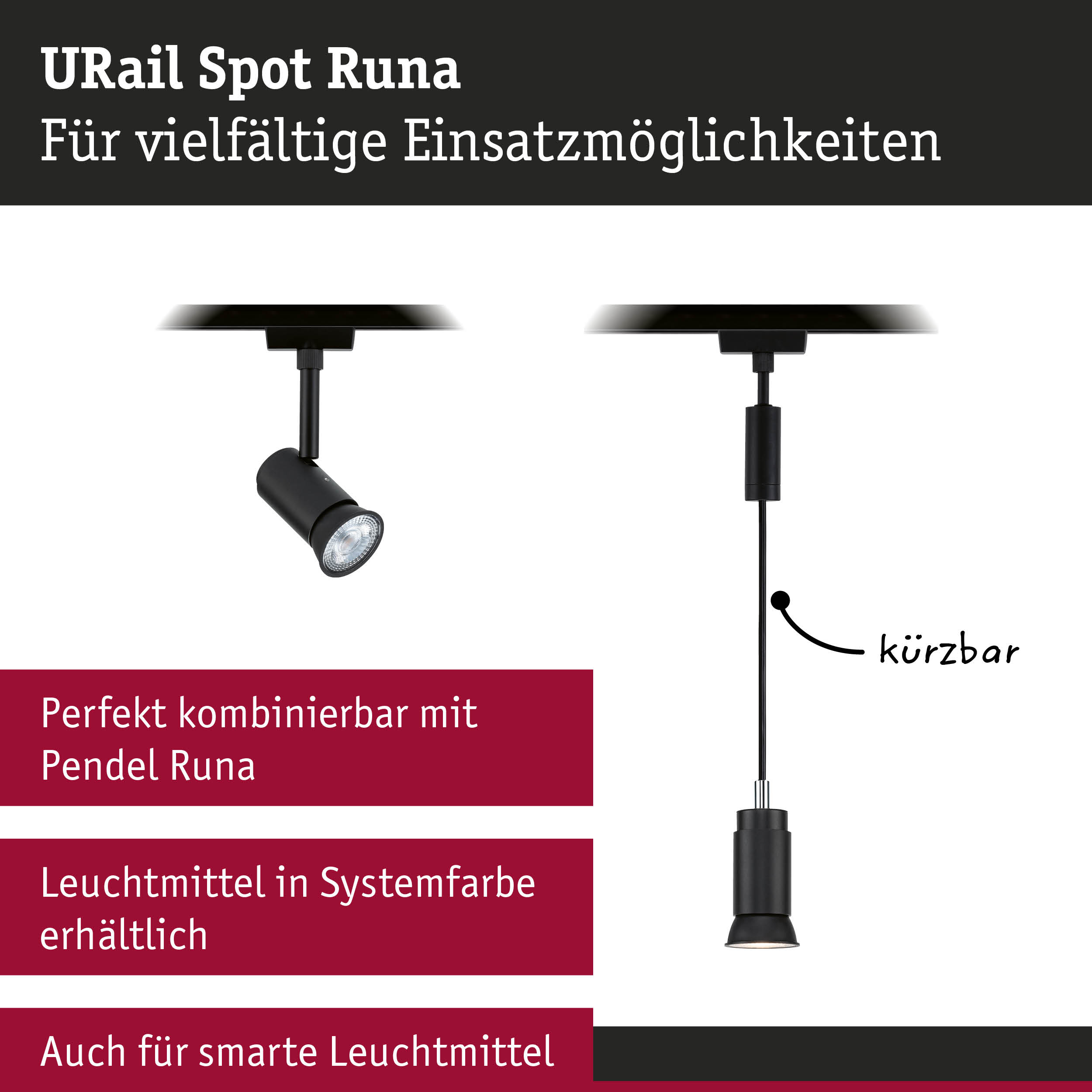 Schwarzer URail Spot Runa Strahler aus Metall mit verstellbarem Spot für flexible Beleuchtung