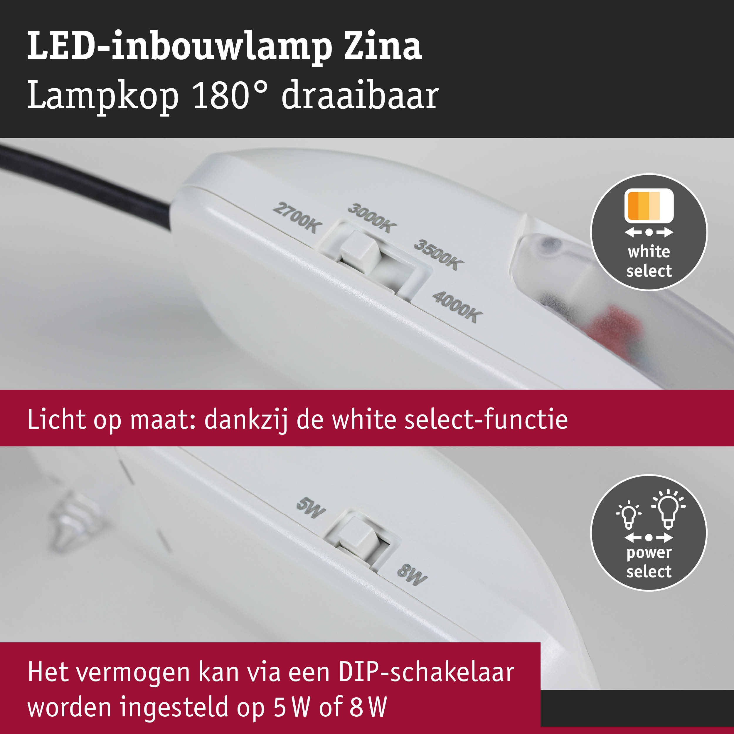Witte LED-inbouwlamp Zina met 180° draaibare lampkop en instelbare white select-functie