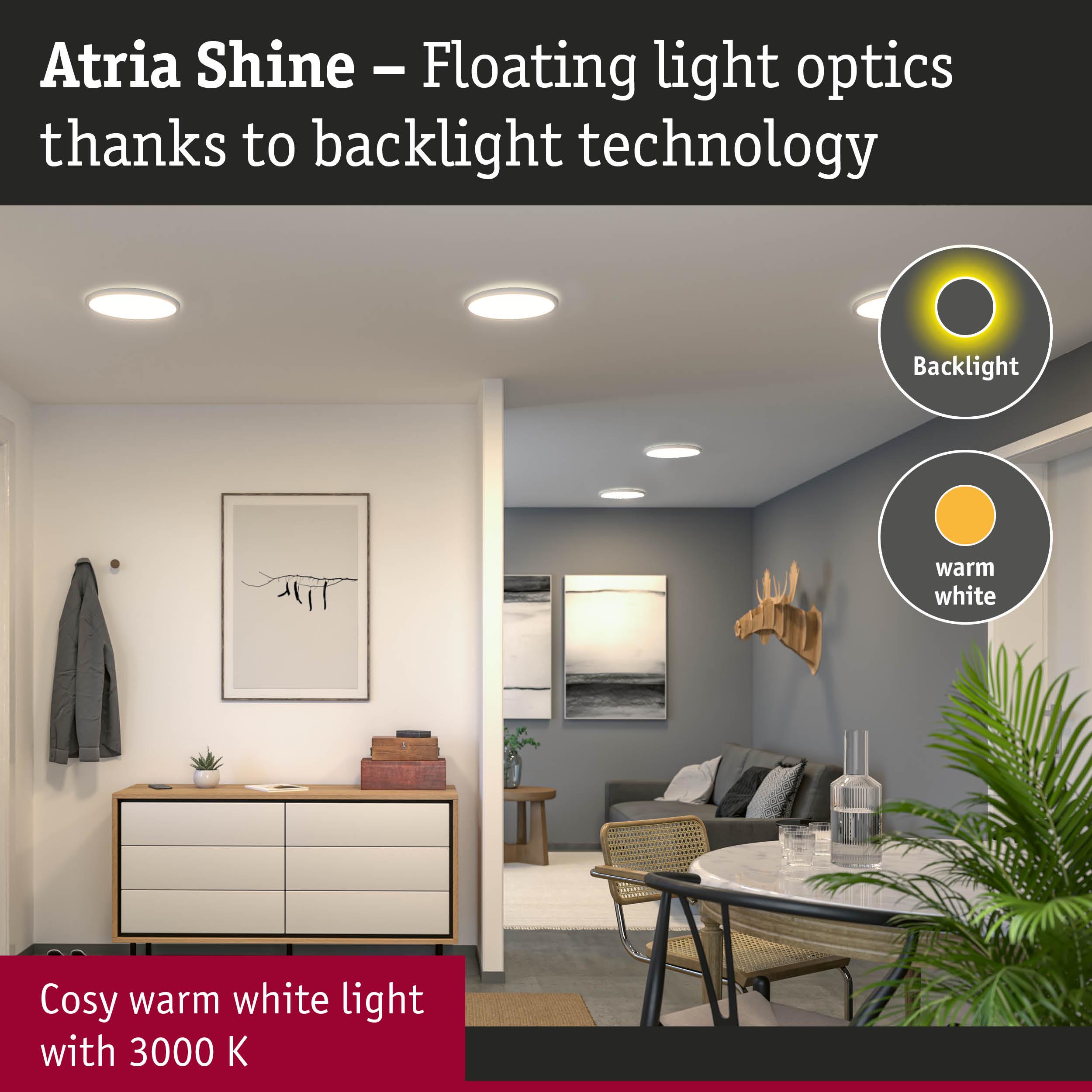 Atria Shine LED ceiling lights with warm white light in cozy living room featuring backlight technology