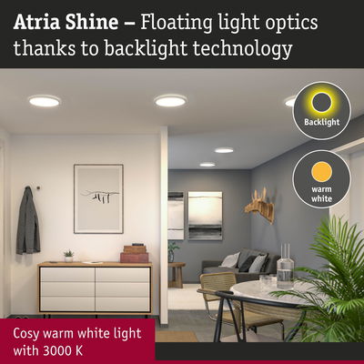 Atria Shine LED ceiling lights with warm white light in cozy living room featuring backlight technology