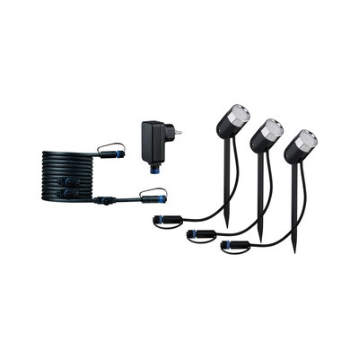 Set mit drei schwarzen LED-Gartenstrahlern, Kabel und Netzteil für Außenbeleuchtung.