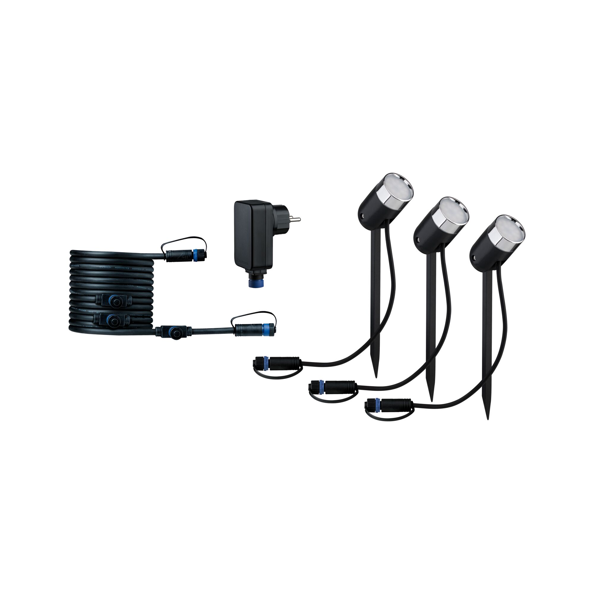Set van drie zwarte LED-tuinschijnwerpers met kabel en adapter voor buitenverlichting.