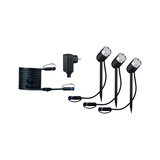 Ensemble de trois projecteurs LED noirs pour jardin avec câble et adaptateur secteur pour éclairage extérieur.