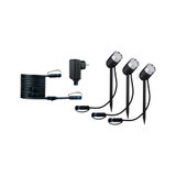 Ensemble de trois projecteurs LED noirs pour jardin avec câble et adaptateur secteur pour éclairage extérieur.