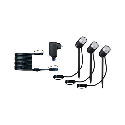 Set of three black LED garden spotlights with cable and power adapter for outdoor lighting.