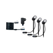 Ensemble de trois projecteurs LED noirs pour jardin avec câble et adaptateur secteur pour éclairage extérieur.