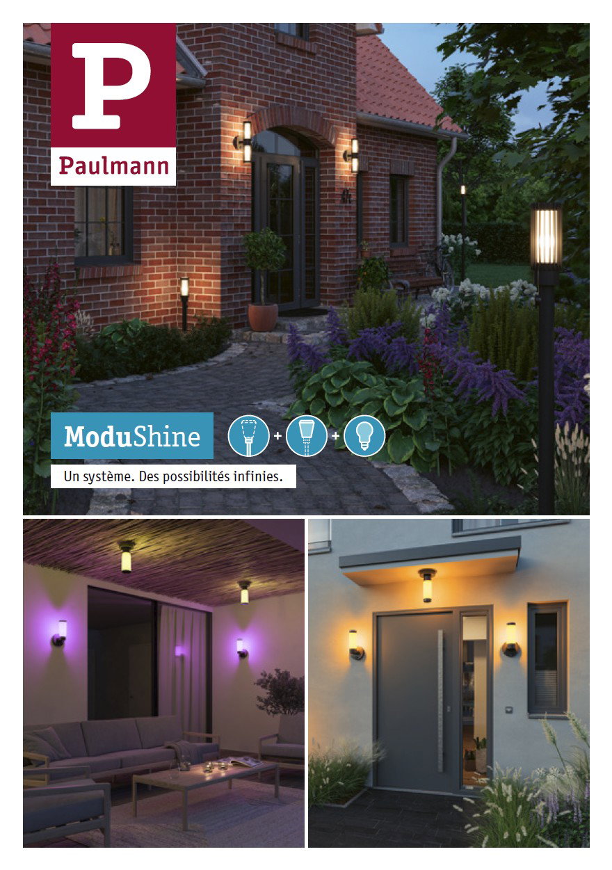 Éclairages extérieurs ModuShine noirs avec lumière blanche chaude sur façade et chemin de jardin pour ambiance