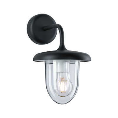 Black metal wall lamp with clear glass and visible LED bulb for outdoor lighting