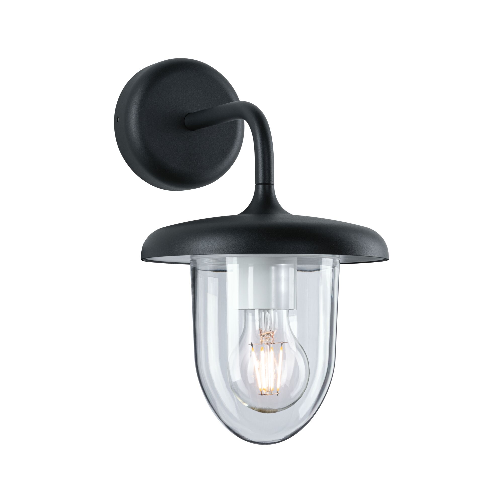 Black metal wall lamp with clear glass and visible LED bulb for outdoor lighting
