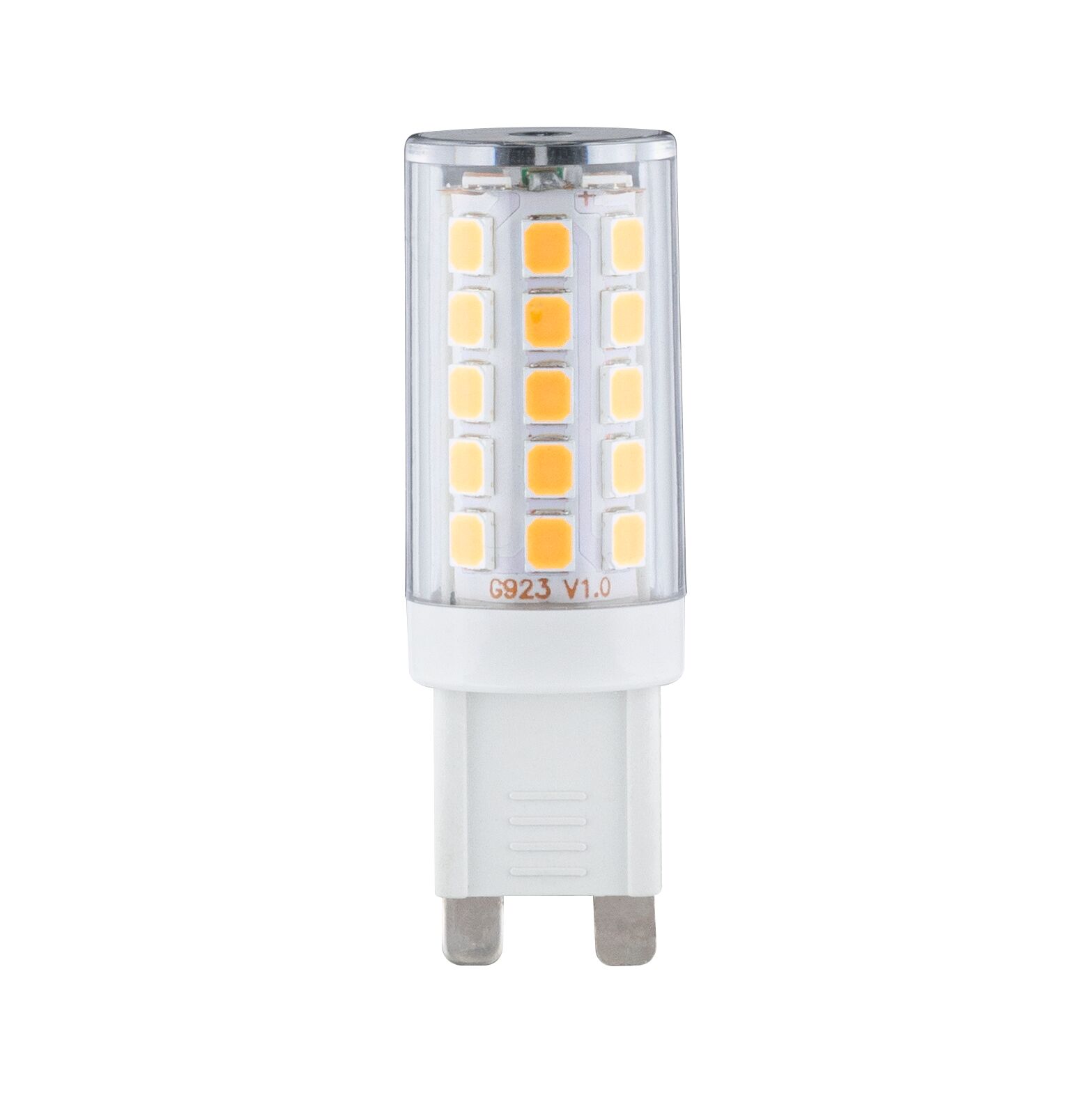 Compact G9 LED bulb with clear plastic housing and warm white LEDs for energy-efficient lighting