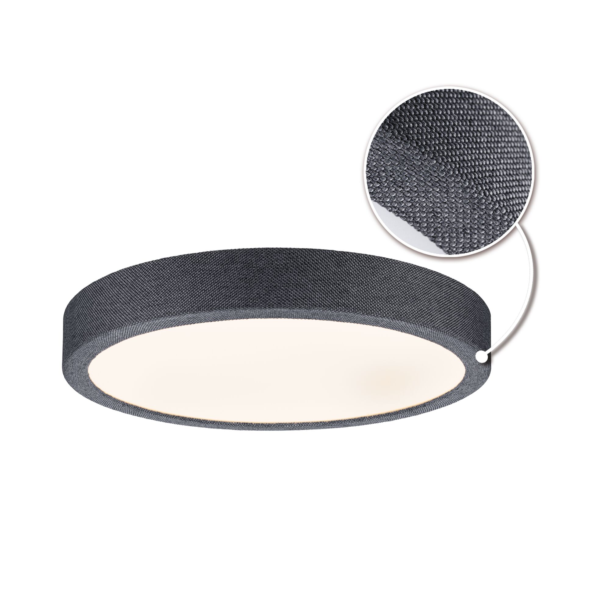 Runde Deckenleuchte mit schwarzem Stoffbezug und warmweißem LED-Licht für moderne Wohnräume