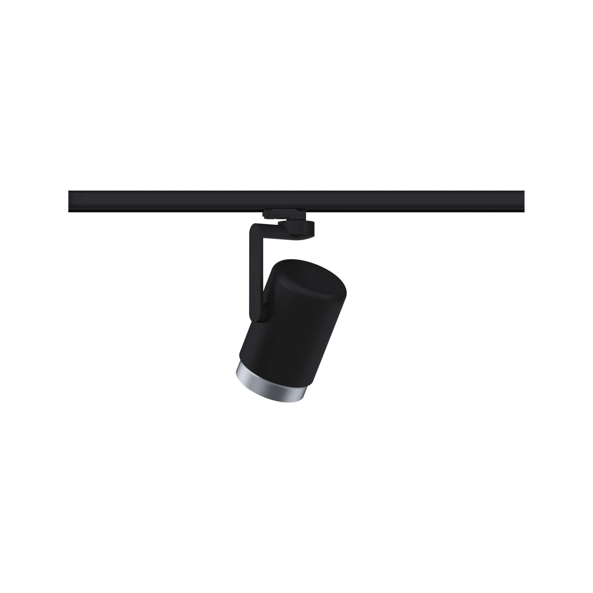 Black metal LED spotlight with silver trim on track system for modern interior lighting