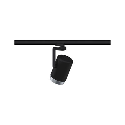 Black metal LED spotlight with silver trim on track system for modern interior lighting