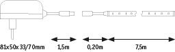 Technische Zeichnung eines weißen Netzteils mit Kabel und Maßen 81x50x33 mm, 1,5 m, 0,2 m, 7,5 m