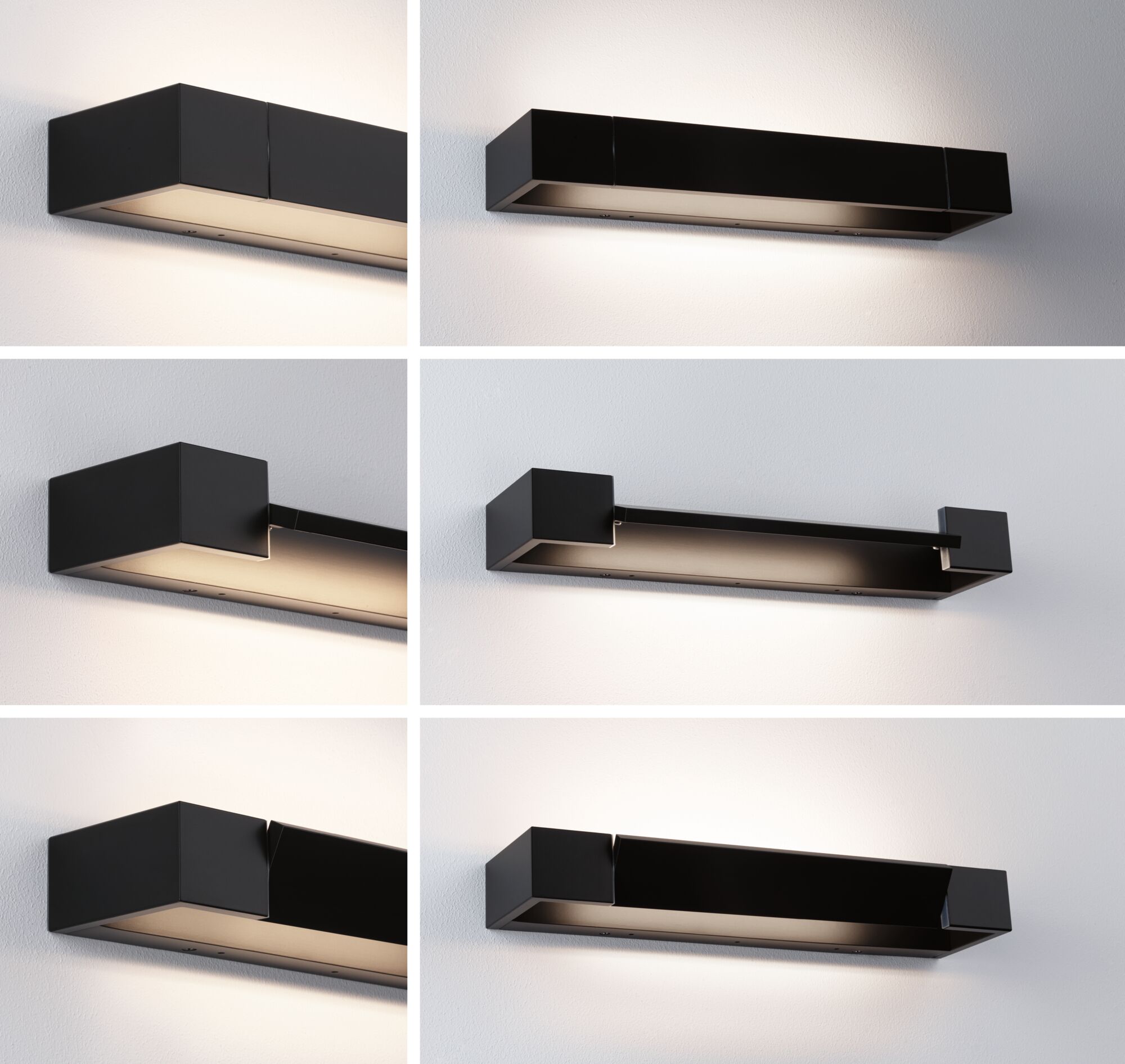 Black metal LED wall light with modern design and indirect lighting for living spaces.