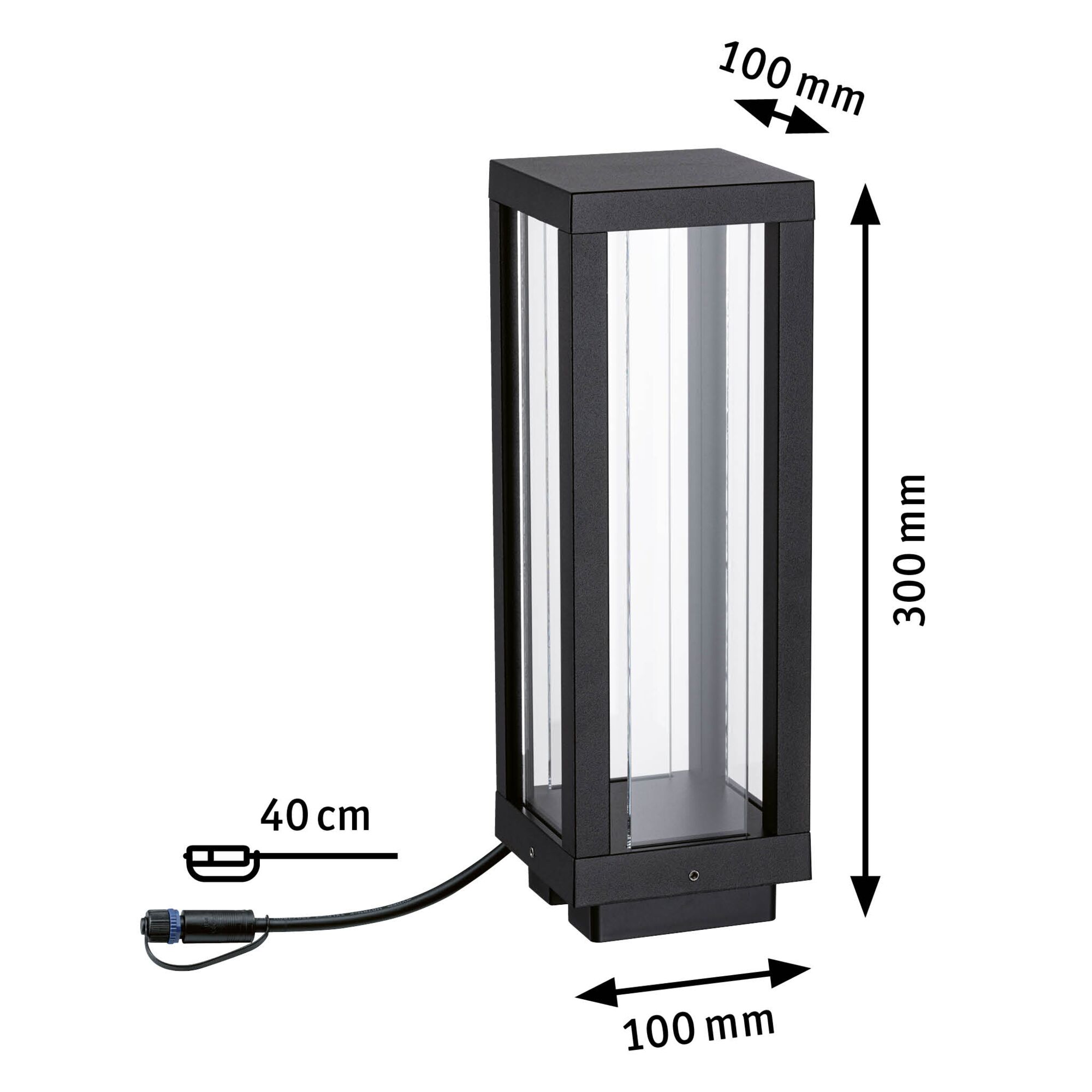 Schwarze Außenleuchte aus Metall und Glas mit Maßen 300x100x100 mm und 40 cm Kabel für Gartenbeleuchtung