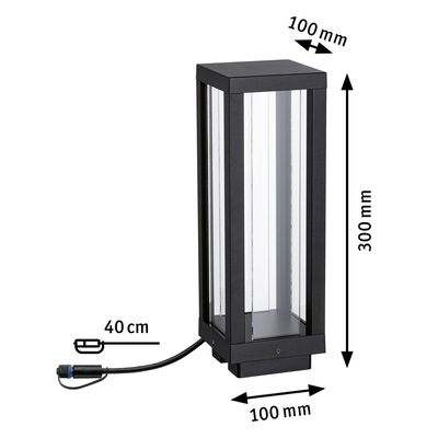Schwarze Außenleuchte aus Metall und Glas mit Maßen 300x100x100 mm und 40 cm Kabel für Gartenbeleuchtung