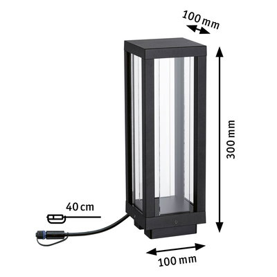 Schwarze Außenleuchte aus Metall und Glas mit Maßen 300x100x100 mm und 40 cm Kabel für Gartenbeleuchtung