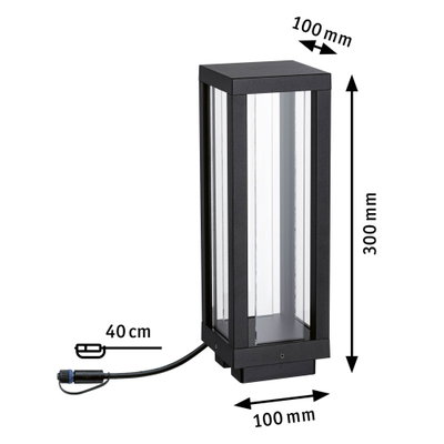 Schwarze Außenleuchte aus Metall und Glas mit Maßen 300x100x100 mm und 40 cm Kabel für Gartenbeleuchtung