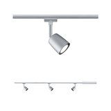 Moderne drie-licht LED railschijnwerper in zilverkleurig aluminium voor flexibele verlichting