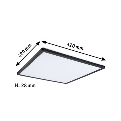 Quadratische LED-Deckenleuchte in Schwarz mit weißem Diffusor, Maße 420x420x28 mm, moderne Raumbeleuchtung