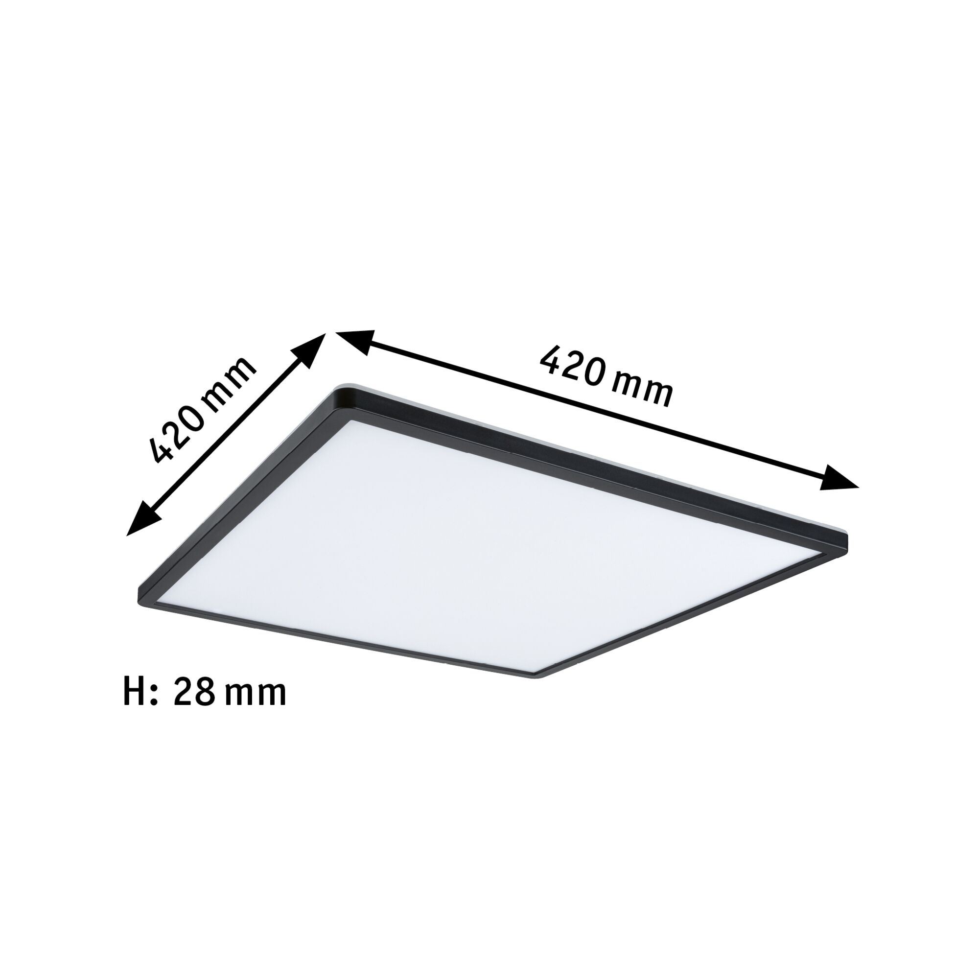 Quadratische LED-Deckenleuchte in Schwarz mit weißem Diffusor, Maße 420x420x28 mm, moderne Raumbeleuchtung