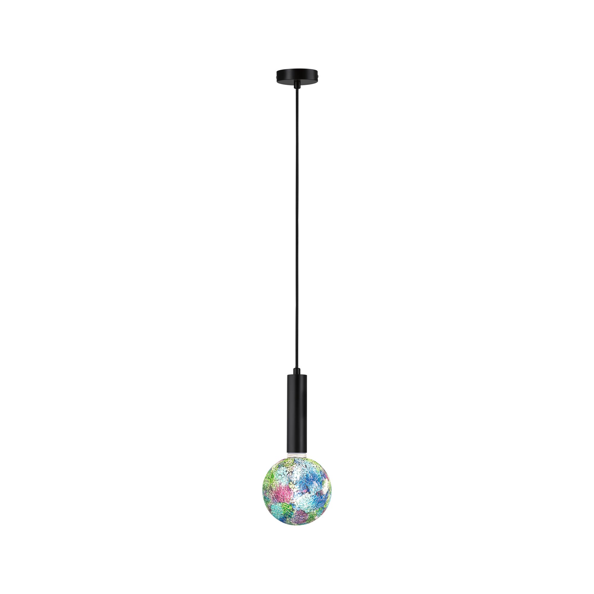 Suspension moderne en métal noir avec globe en verre mosaïque coloré pour un éclairage élégant