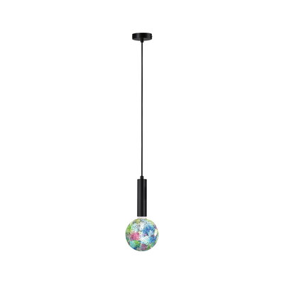 Modern pendant light with black metal and colorful mosaic glass globe for stylish room lighting