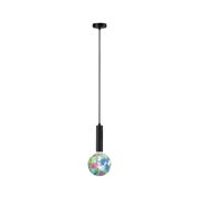 Modern pendant light with black metal and colorful mosaic glass globe for stylish room lighting