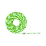 Green glowing flexible LED strip light, energy-efficient for decorative lighting use.