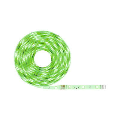 Green glowing flexible LED strip light, energy-efficient for decorative lighting use.