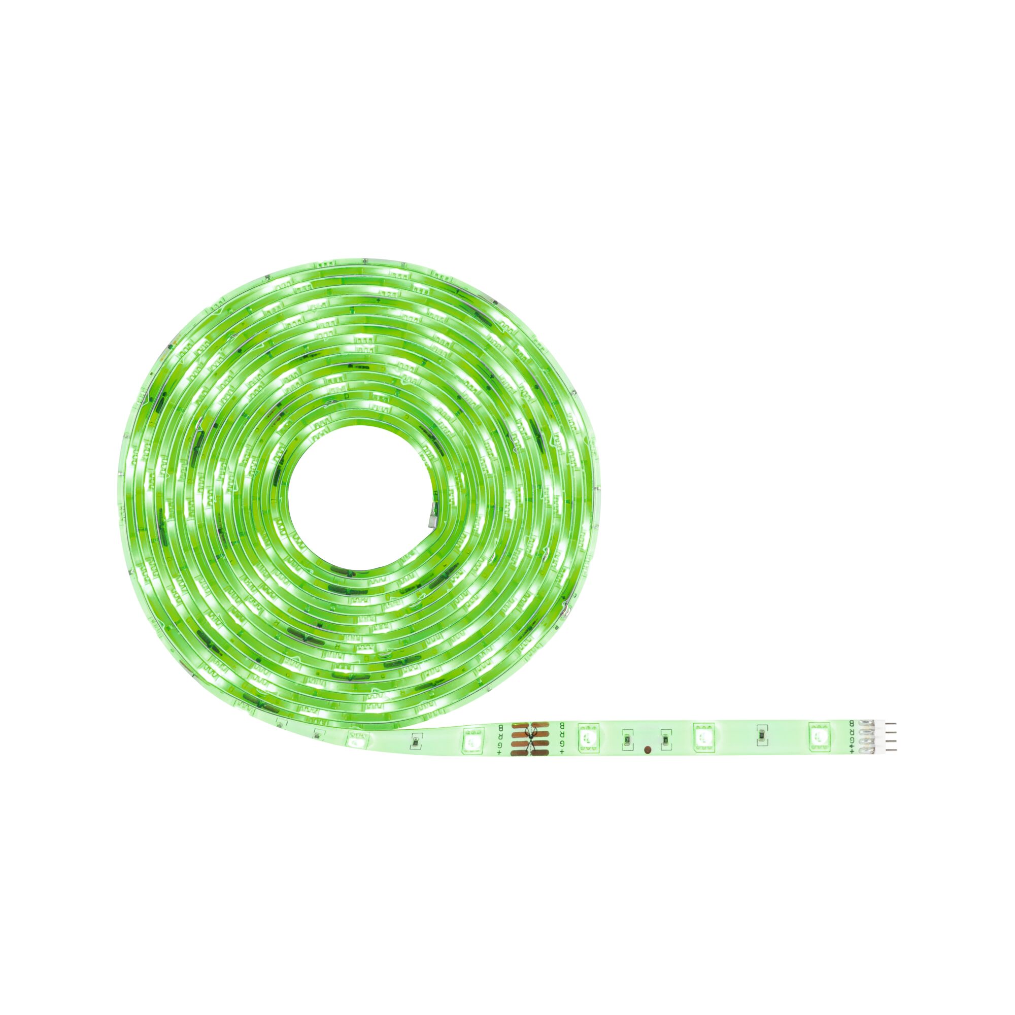 Green glowing flexible LED strip light, energy-efficient for decorative lighting use.