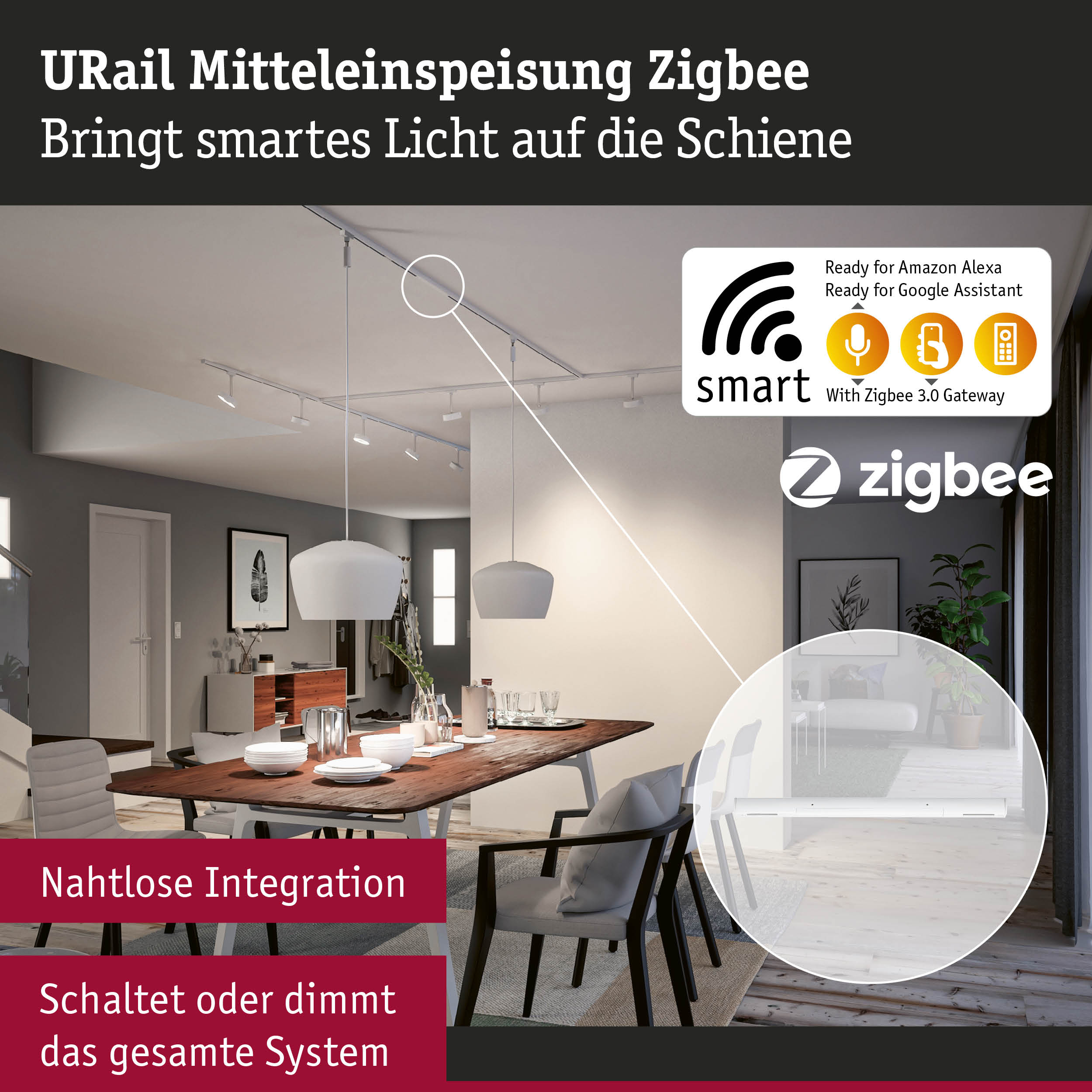 URail Mitteleinspeisung Zigbee für smartes Lichtsystem mit nahtloser Integration und Steuerung per Alexa und Google
