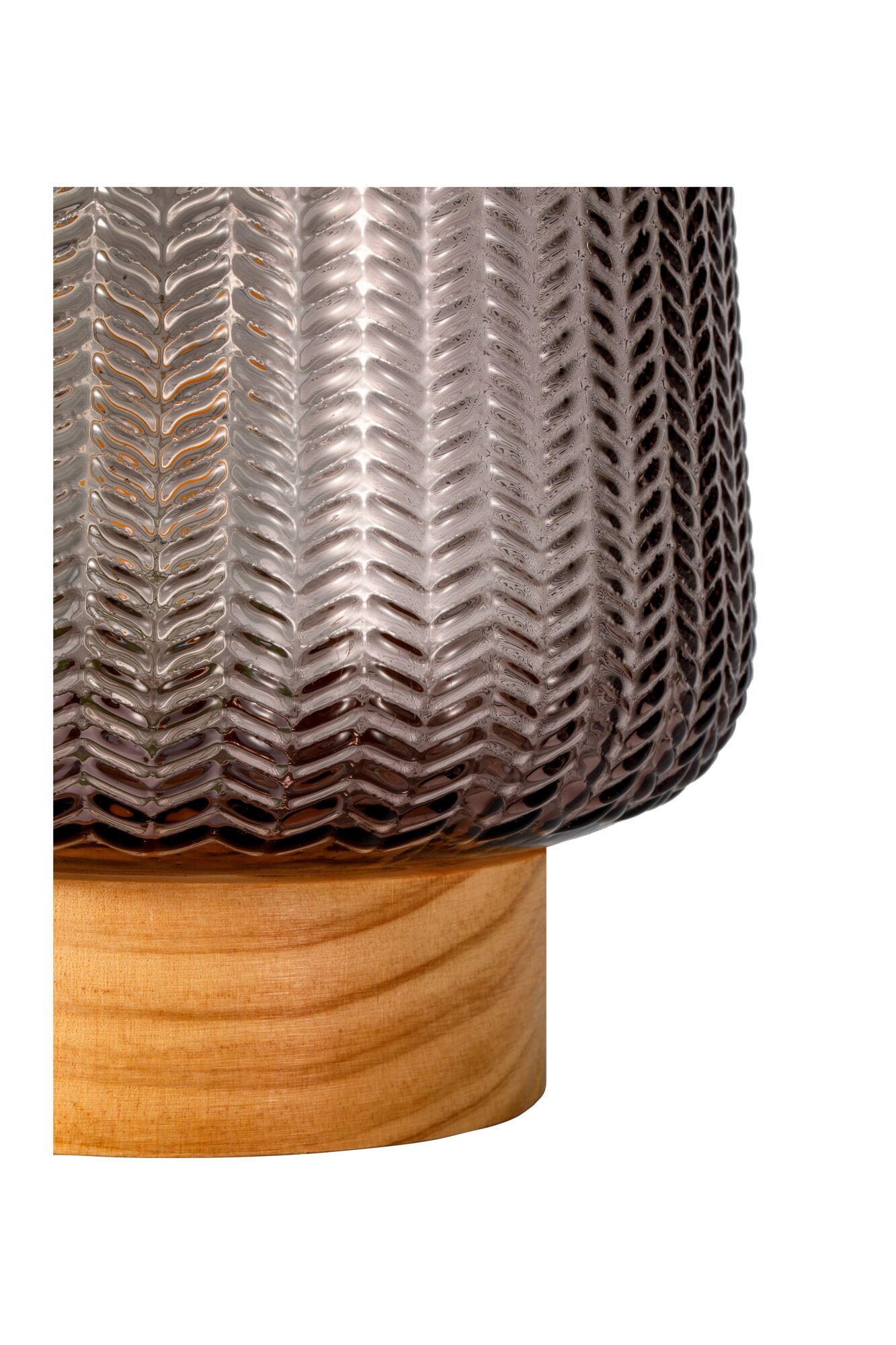 Close-up of brown glass lampshade with herringbone pattern on light wood base, decorative lighting