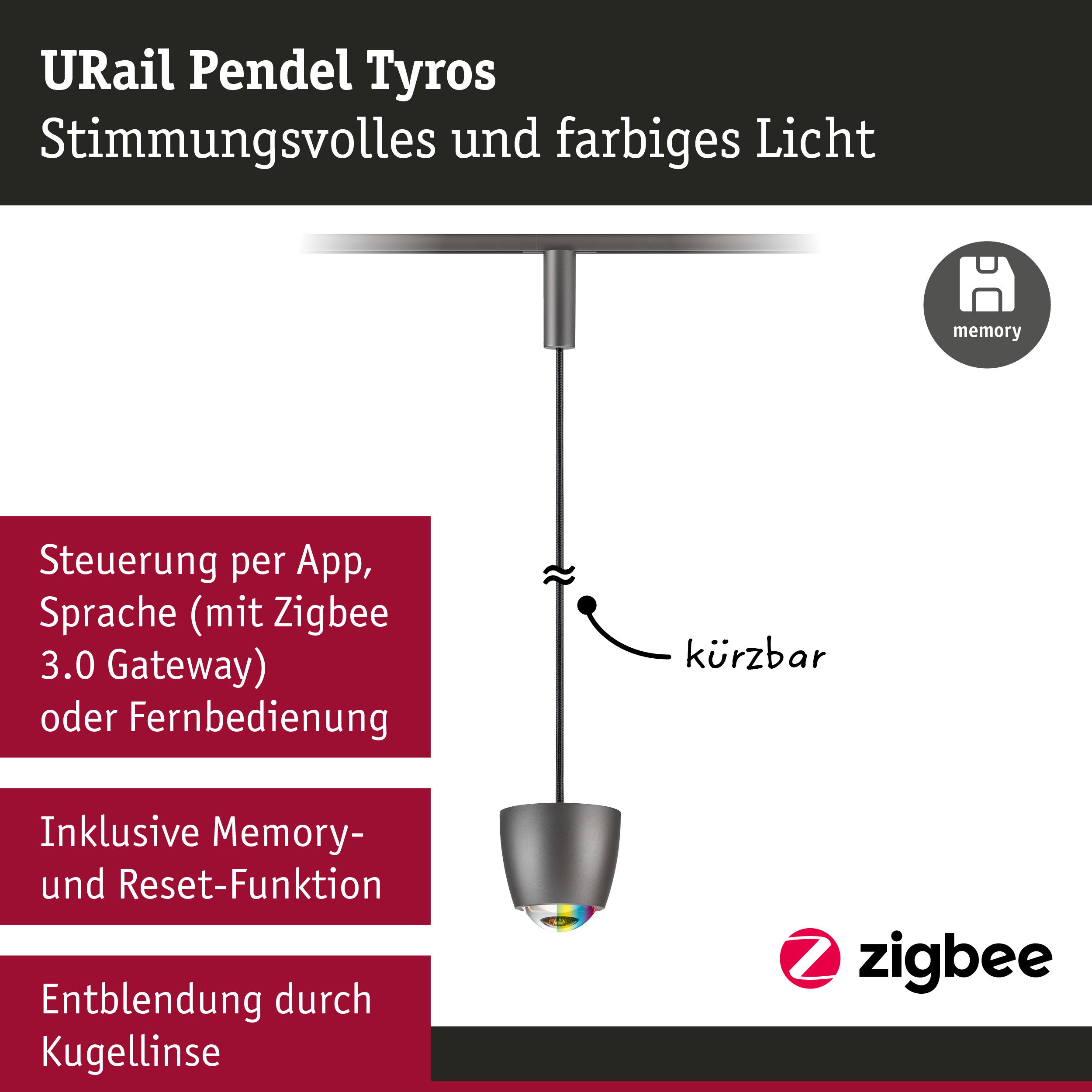 URail Pendel Smart Home Zigbee 3.0 Tyros RGBW 200lm 4,5W RGBW+ dimmbar 230V Titanium