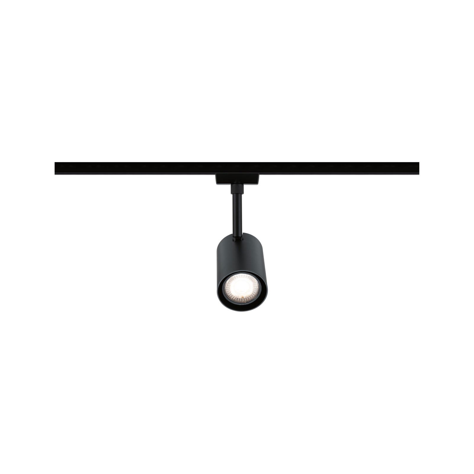 Schwarzer LED-Spot aus Metall an Schienensystem für flexible Beleuchtung im Innenraum