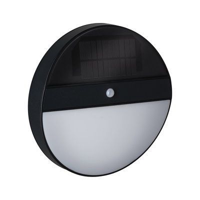 Runde schwarze Solar-Wandleuchte mit Bewegungsmelder und weißem Diffusor für Außenbeleuchtung